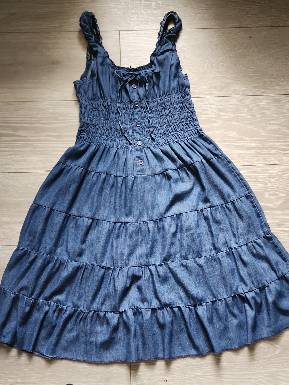 Chesley Navy Blue Smocked Tiered Midi Dress